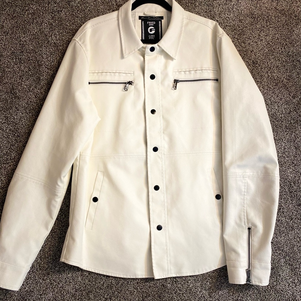 Fried Denim White Pleather Jacket with Textured Fabric